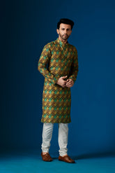 Ensemble pyjama Kurta en coton imprimé vert noisette pour homme